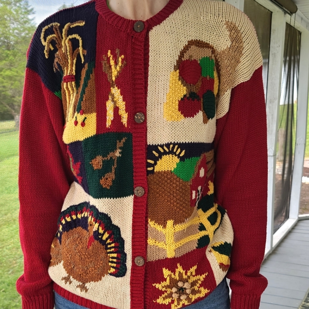 Vintage Robin Sinkler Womens Fall Thanksgiving Hand Knit Sweater Cardigan Small